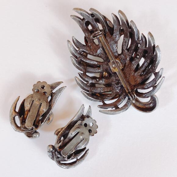 VTG Mid Century 44g Silver Brooch Earrings Set Layered Modernist 50s Jewelry - Picture 8 of 10